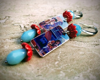 Repurposed Planters Tin Earrings: Boho Floral Teardrop Dangles