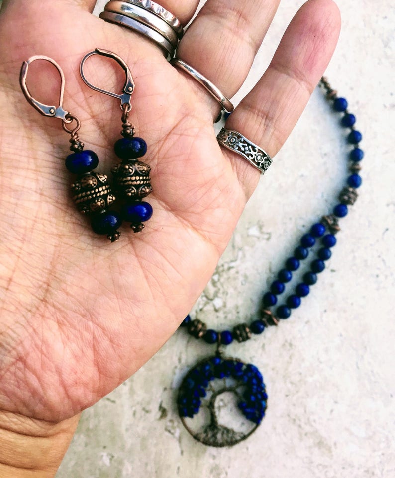 Lapis Lazuli Jewelry Tree Of Life Statement Necklace Blue Copper Necklace Dangle Earrings Zen Yoga Meditation Inspirational Gift For Women