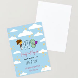 May include: A light blue birthday invitation with a cowboy hat and a purple megaphone graphic. The text reads "Two" and "Infinity and Beyond". White clouds and yellow stars decorate the invitation. A blank white card is next to it.