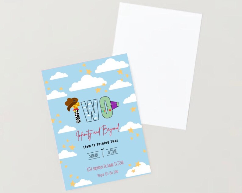 May include: A light blue birthday invitation with a cowboy hat and a purple megaphone graphic. The text reads "Two" and "Infinity and Beyond". White clouds and yellow stars decorate the invitation. A blank white card is next to it.
