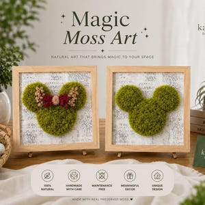 May include: Two framed moss art pieces in the shape of Mickey Mouse. One features a red and pink floral bow. The moss is a vibrant green, set against a white and grey patterned background. The frames are light wood. The text reads "Magic Moss Art".