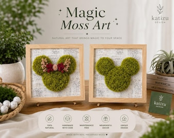 Vintage Moss Wall Art, Mickey Inspired Silhouette Frame, Whimsical Kids Room Decor, Magical Nursery Gift, No Maintenance, Wall Mount & Table