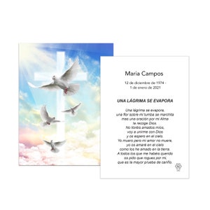 May include: A white dove with outstretched wings flies above a white cross against a blue sky with white clouds. The text "Maria Campos" is at the top of the card, followed by the dates "12 de diciembre de 1974 - 1 de enero de 2021". The text "UNA LÁGRIMA SE EVAPORA" is in a larger font size and is centered on the card. The text below is a poem in Spanish about a tear evaporating and a flower wilting on a grave. The poem ends with the phrase "que es la mayor prueba de cariño."