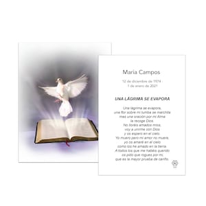 50 Tarjetas de recordatorios funerales, tarjetas conmemorativas, paloma con biblia dove with bible, memorial cards #1014