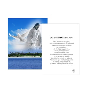 May include: A religious image featuring a white dove flying over a man in white robes. The image is set against a blue sky and a tropical island. The text below the image reads "UNA LÁGRIMA SE EVAPORA" and includes a poem about a tear evaporating and a flower wilting on a grave. The poem ends with a request for prayers.