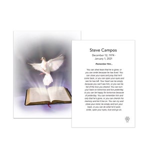 May include: A white dove flies above an open book with a white background. The text reads "Steve Campos, December 12, 1974 - January 1, 2021, Remember Him... You can shed tears that he is gone, or you can smile because he has lived. You can close your eyes and pray that he'll come back, or you can open your eyes and see he has left. Your heart can be empty because you can't see him, or you can be full of the love you shared. You can turn your back on tomorrow and live yesterday or you can be happy for tomorrow because of yesterday. You can remember him and only that he's gone, or you can cherish his memory and let it live on. You can cry and close your mind, be empty and turn your back, or you can do what he'd want, smile, open your eyes, love and go on."