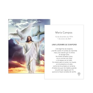 May include: A memorial card with a religious theme. The left side features an image of Jesus with open arms, a dove, and a cross. The right side has text in Spanish, including a name, dates, and a poem.