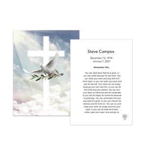 50 Funeral Memory Cards, Memorial cards, Mass cards Celebration of Life Flying Dove with Cross #1165