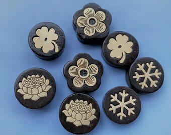 2 Black Sandalwood Beads: Copper Inlaid Lotus, Clover, Snowflake (15x5 mm)