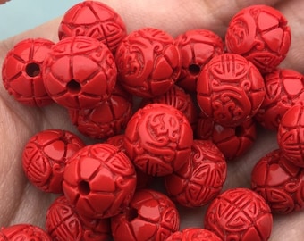 Bright Red Carved Cinnabar Blessing Beads 3 Sizes Carved Lacquer-Ware Flower Floral Blessing Red Cinnabar Beads 10 Cinnabar Beads KU33