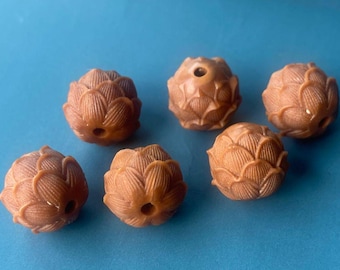 Carved Lotus Bodhi Beads: Natural Mala Making Supply (15-16mm)