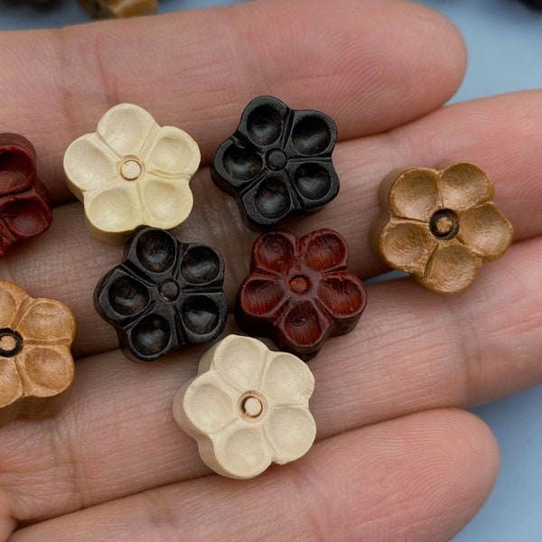 5pcs-Natural Wood Carved Flower Spacer Perles 12 mm, Perle de fleur de prunier, Perles d’espacement de bois, Perles de prière, Perles de Mala, Perles de yoga