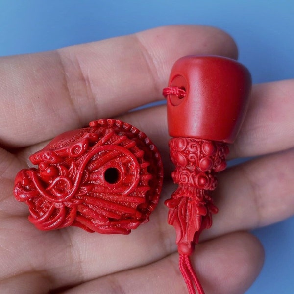 2 Sets Cinnabar Craved Dragon 3 Holes Guru Beads 30*20 mm,Mala Making Spacer Beads,Buddhism Beads,DIY Jewelry Making Beads