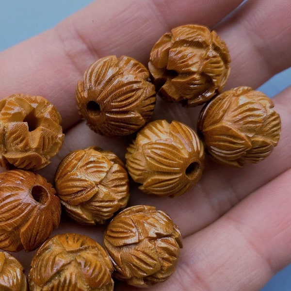 ピーチウッド彫刻蓮ビーズ10個：DIYジュエリー材料