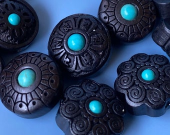 2 PCS Wood Inlaid Turquoise Beads: OM Mantra Flower Beads