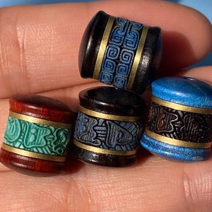 Inlaid Wood Barrel Beads: Copper Turquoise OM Mantra Beads (13x14 mm)