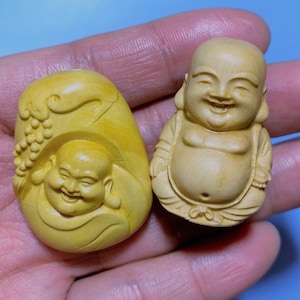 2 PCS Natural Boxwood Carving Smiling Buddha Charm 23*35 mm,Carving Wood Pendant,Prayer Pendant,Buddhism Beads,DIY Accessories