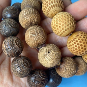 Snidade naturliga träpärlor, Fu/OM/Yinyang, Mala-bönepärlor (18-20 mm)