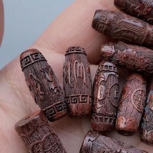 5 PCS Natural Sandalwood OM Mantra Barrel Beads 8*20 mm,Wood Carved Beads,Loose Beads,Mala Making Beads,Prayer Beads