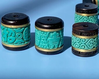 2PCS Blackwood Barrel Beads: Copper Turquoise Inlay, DIY Jewelry