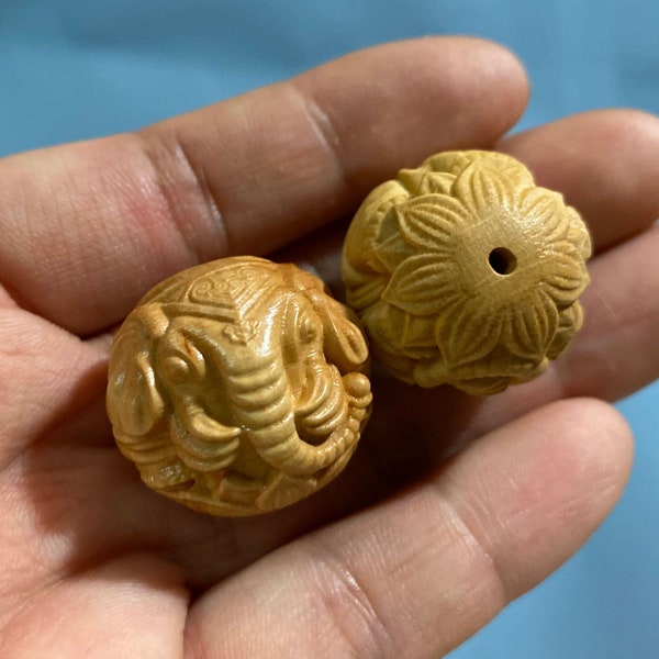 2 PCS Natural Boxwood Carved Elephant Beads 22 mm,Ganesha Beads,Mala Making Flower Beads,Prayer Pendant,Buddhism Beads,DIY Accessories