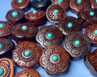 Sandalwood Flower Beads with Imitation Turquoise: Chinese Knot DIY (2 PCS)