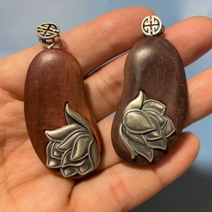 Vintage Natural Sandalwood With Sterling Silver Lotus Pendant Black&Red Color,Wood Pendant,Flower Charm,Necklace Pendant,Bracelet Pendant