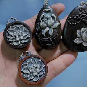 Vintage Natural Sandalwood With Sterling Silver Lotus Pendant,Wood Pendant,Flower Charm,Necklace Pendant,Bracelet Pendant