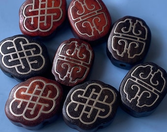 2 Black Sandalwood Carved Chinese Knot Beads: Mala Prayer Beads (16-17mm)