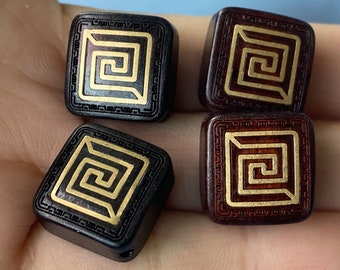 2 PCS Carved Blackwood Square Beads: Engraved Spacer Beads (15-16 mm)