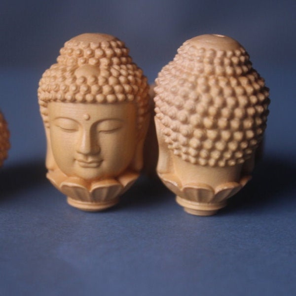 2 PCS Natural Boxwood Buddha Head Charm 33*20*20 mm, Buddhism Prayer Pendant, Prayer Charm, Mala Beads, DIY Beading for Handwork