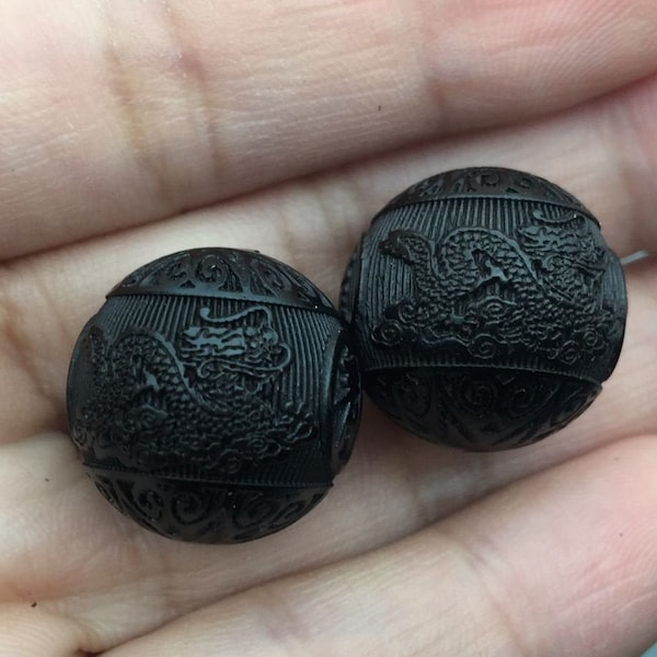 2 PCS Natural Blackwood Engraved Dragon Bead 18 mm,Embossed Dragon Beads,Black Wood Bead,Prayer Beads,Round Beads For Handwork