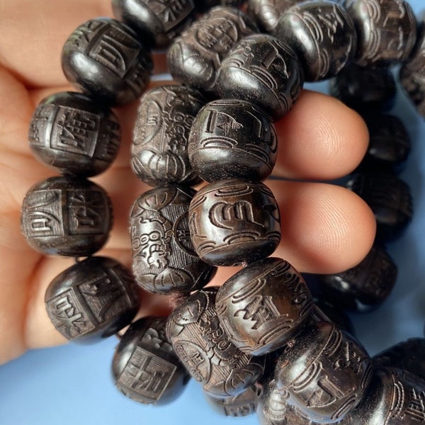 Blackwood Engraved Tibetan Buddhist OM Mantra/Money Comes To Me Bead 12-17 mm,Om Mani Padme Hum,Wood Prayer Beads,Mala Beads,Yoga Beads