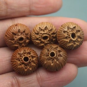 5pcs-Peach Wood Double Sides Carved Lotus Beads 15 mm,Flower Beads,Carved Bead,Wood Spacer Beads,Connector Beads,Mala Beads,Yoga Beads