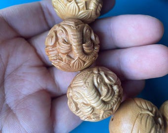 Boxwood Carved Ganesha Elephant Beads 22mm - Mala Making, Prayer Pendant (2 PCS)