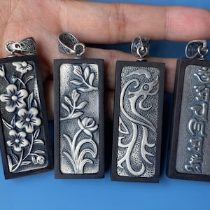 Sandalwood Sterling Silver Inlaid Pendant: Plum Blossom, Orchid, Phoenix, Om Mantra