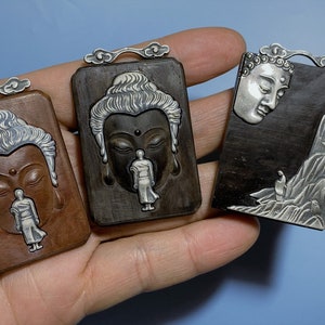 Vintage Natural Wood With Sterling Silver Inlaid Flower & Buddha Pendant (Pendant Only),Wood Pendant,Yoga Pendant, Yoga Jewelry