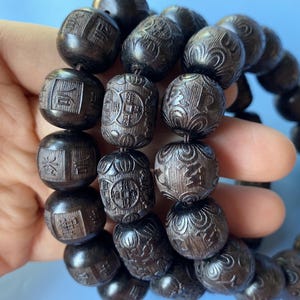 Blackwood Engraved Tibetan Buddhist OM Mantra/Money Comes To Me Bead 14-17 mm,Om Mani Padme Hum,Wood Prayer Beads,Mala Beads,Yoga Beads