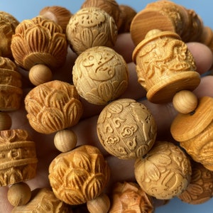 Carved Natural Wood Beads: Lotus, Dragon, OM - 20mm Mala Beads