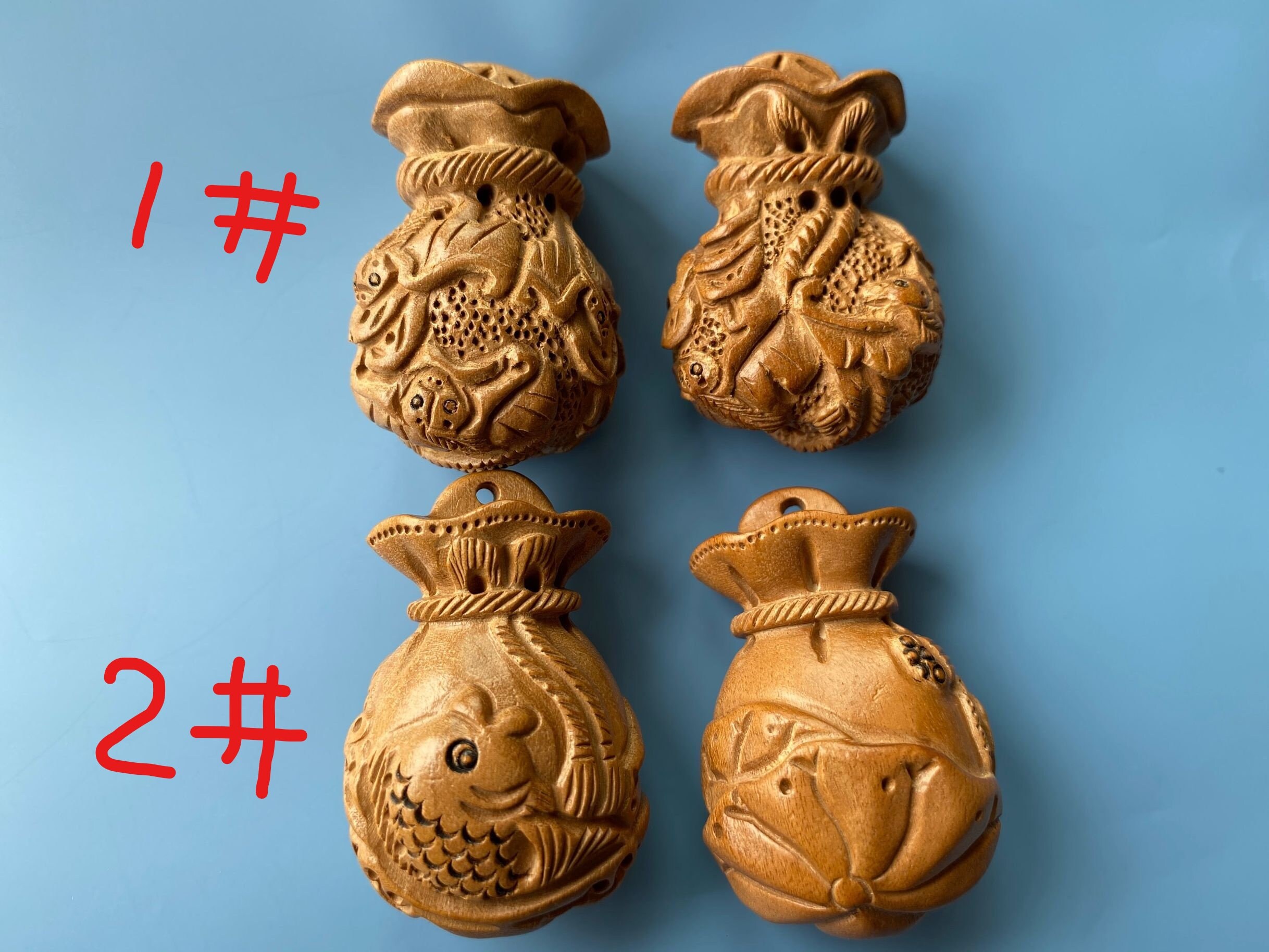 2 PCS Natural Peach Wood Engraved Fish & Lotus Leaf Money