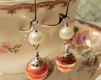 Pearl and Red & White Murano Earrings