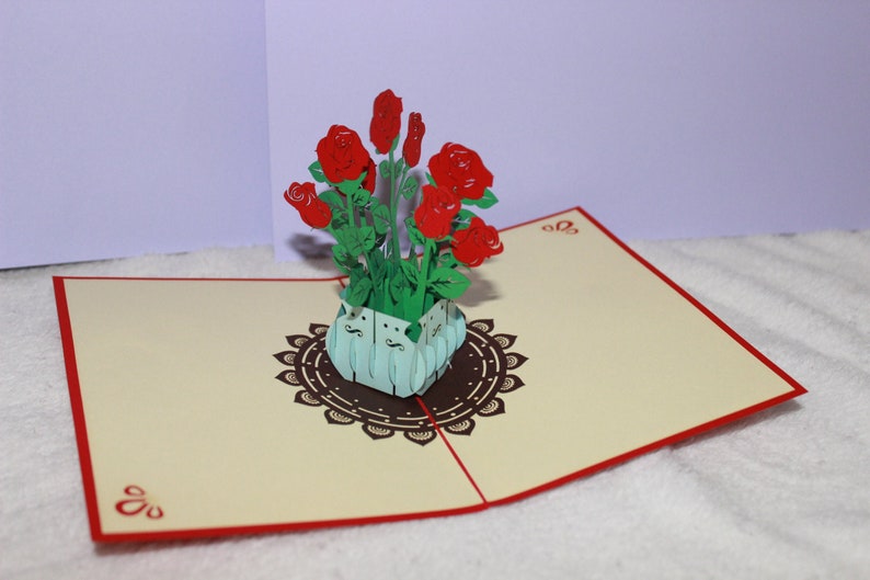 Pop up Card Roses Bouquet 3D Get Well -Thank You Birthday- Wedding- Anniversary