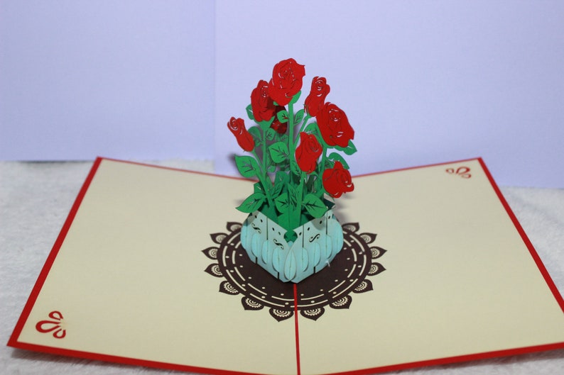 Pop up Card Roses Bouquet 3D Get Well -Thank You Birthday- Wedding- Anniversary