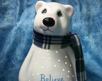 Lighted ceramic Polar Bear, Polar Bear, handcrafted Polar Bear, ceramic bear, home decor, holiday bear, Believe Polar Bear