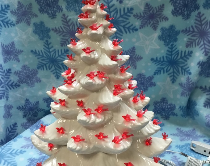 Ceramic Light up Christmas Tree With Cardinals, Cardinal Ceramic Tree
