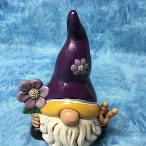 Purple and yellow gnome, flower gnome, handcrafted gnome, loving gnome, garden gnome, artsy gnome, tall hat gnome, gift gnome, peace gnome