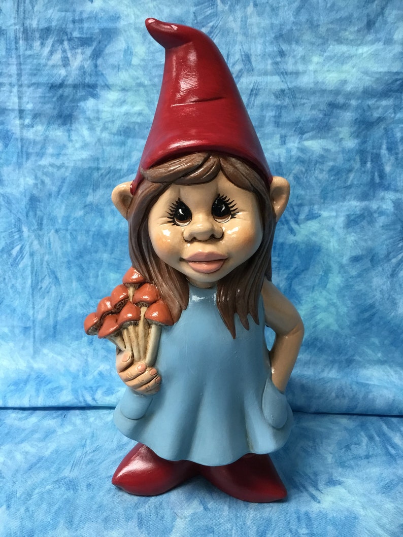 Girl gnome with mushrooms handcrafted girl gnome garden art | Etsy