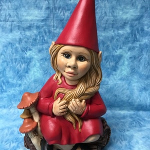 Girl gnome, handcrafted gnome, red gnome, girl gnome on mushroom,  artsy gnome, sitting girl gnome, garden art, garden art gnome, loving