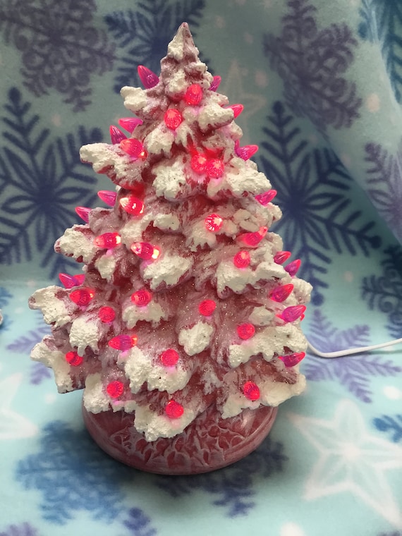 pink Christmas tree lighted Christmas tree handcrafted ceramic Christmas tree pink tree Christmas holiday home Deco