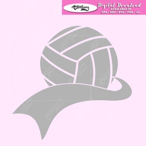 May include: A gray volleyball with a gray ribbon behind it. The ribbon is curved and has a tail that points to the right.